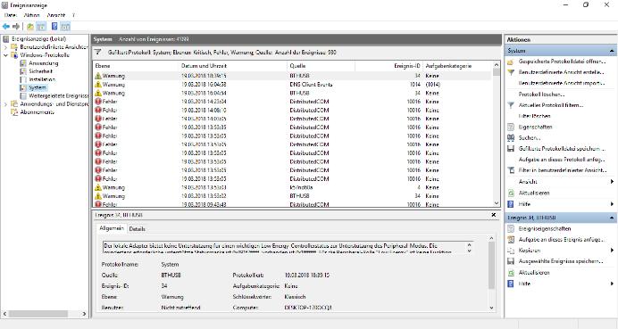 Verwaltung Verwaltung Ereignisanzeige Alle Fehler und Aktionen von Windows werden in den Ereignisanzeigen
