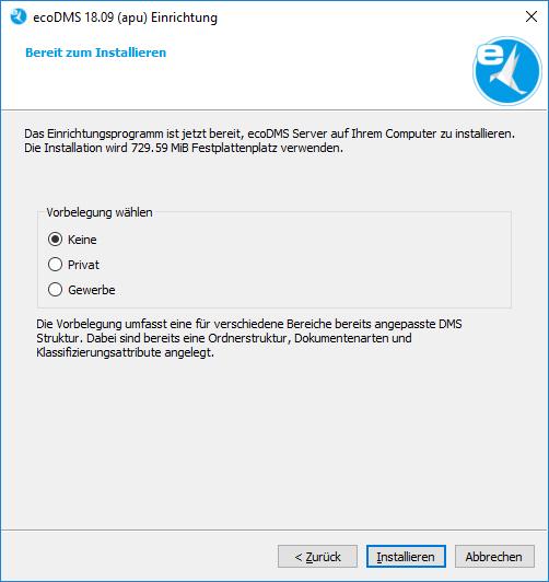 2. Windows 10 11. Vorbelegungsmöglichkeiten nur bei deutscher Installation: Sollte noch keine postgresql Datenbank angelegt sein, können Sie optional eine Vorbelegung der Datenbank auswählen.