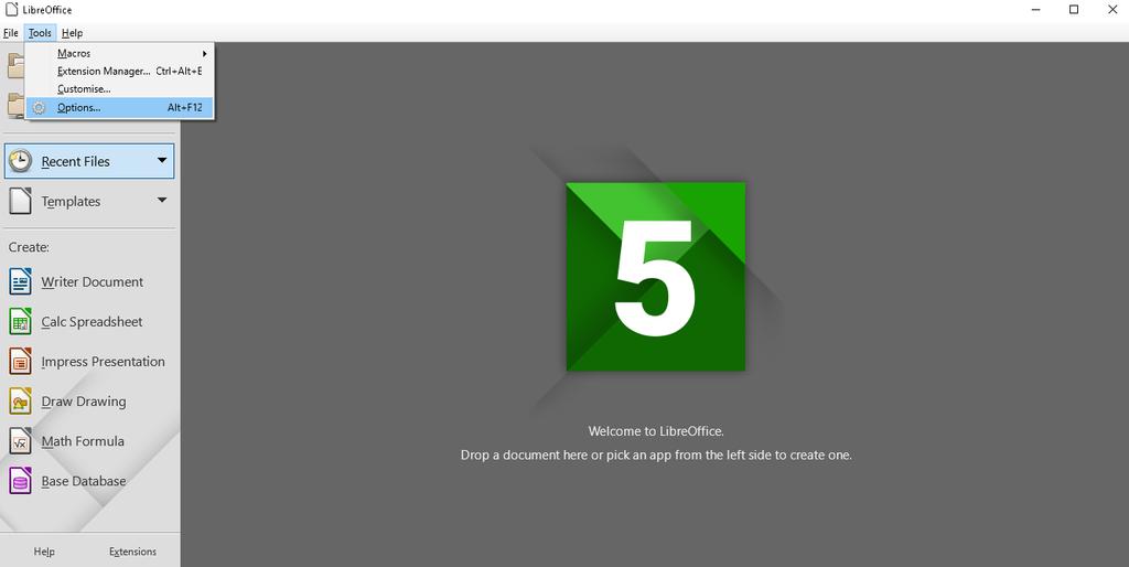 3. Plugins & Addons 37 1. Starten Sie eines der Office Programme. 2. Extras -> Optionen Abb. (ähnlich) 3.10: LibreOffice - Extras - Optionen 3. LibreOffice -> Erweitert 4.