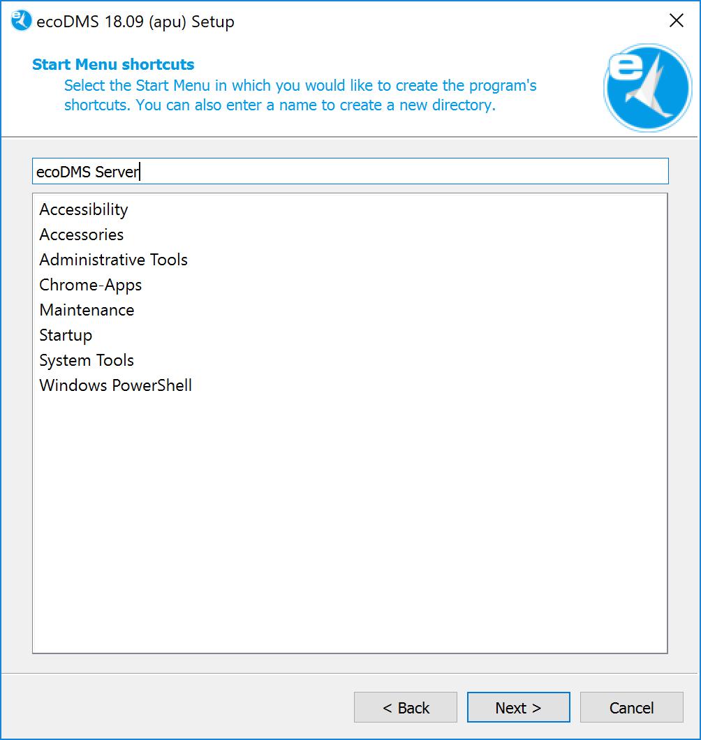 2. Windows 8 Abb. (ähnlich) 2.5: ecodms Server installieren: Lizenzbestimmungen 9. Wählen Sie den Ordner im Startmenü, in dem die Verknüpfungen zur Anwendung erstellt werden sollen.
