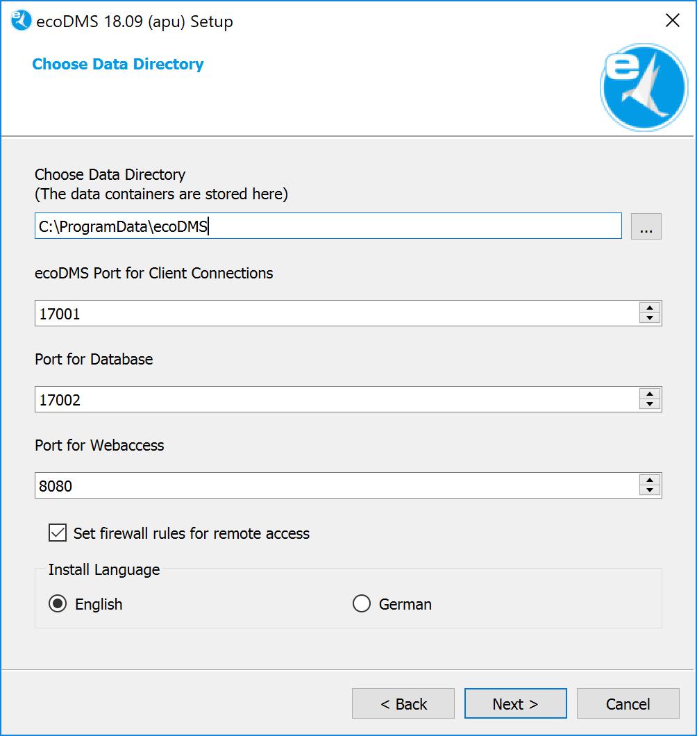 2. Windows 9 ecodms-port für Client-Verbindungen: Vergeben Sie den Port für die Verbindung des ecodms-desktop-clients zum ecodms Server.