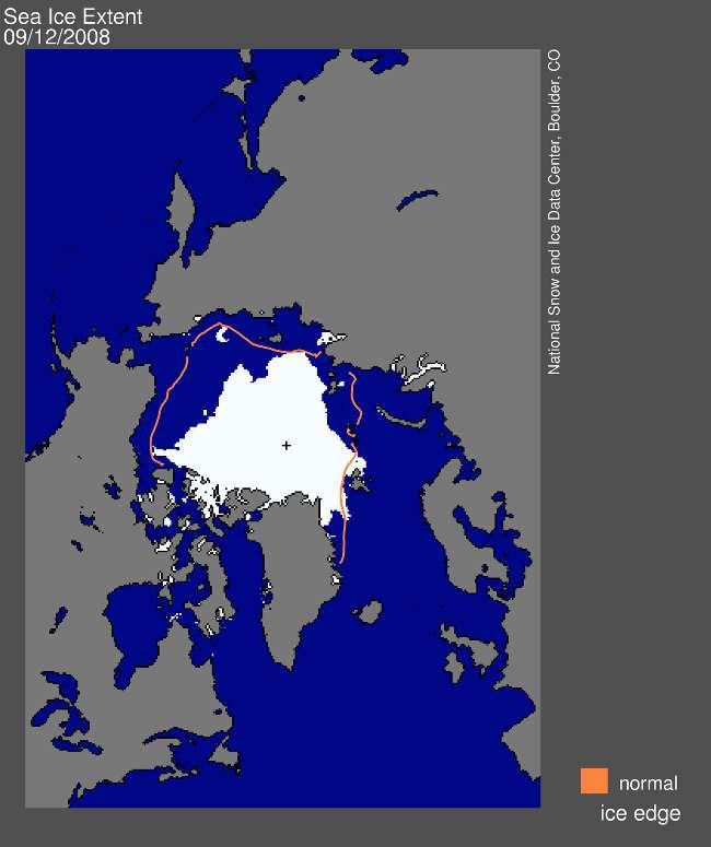 Abb. 3 (links): Die Eis-Bedeckung des Polar-Meeres betrug am 12.9.2008 4.52 Millionen km². Die dünn eingezeichnete Linie zeigt das Mittel der Jahre 1979 bis 2000 für diesen Tag.