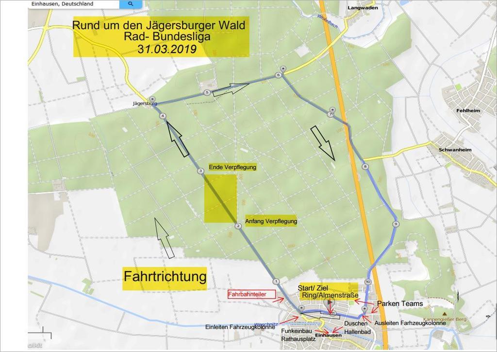 Streckenplan Radbundesliga Einhausen 2019 / map of circuit Streckenbeschreibung Komplett flache 11 km Runde entspricht den Streckenverlauf der Einzelzeitfahr Deutschen Meisterschaften 2018 Neu