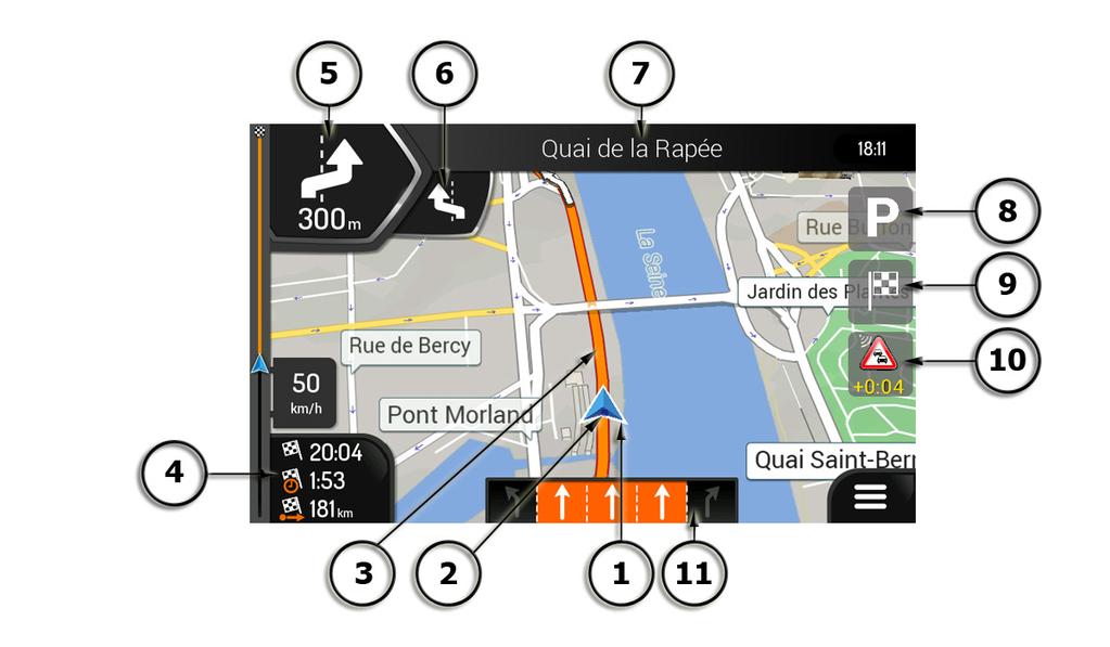 1.3 Navigationsansicht Die Navigationsansicht ist der Hauptbildschirm des Navigationssystems Z-EMAP50, auf dem die geplante Route auf einer Karte angezeigt wird.