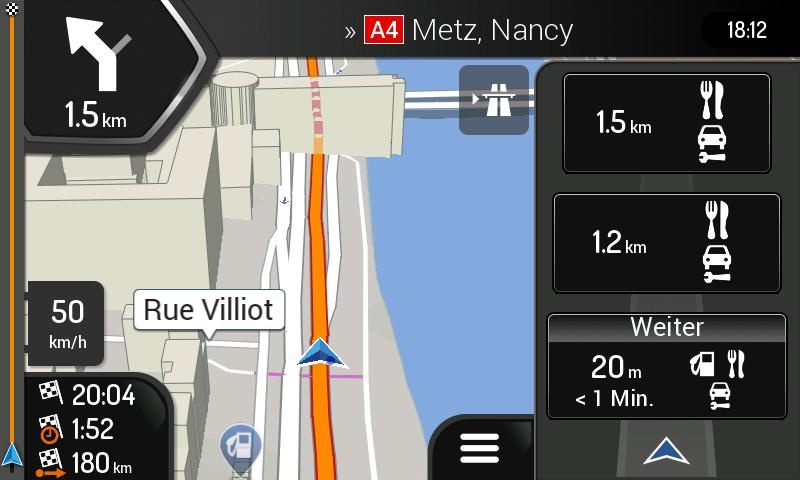 8 Kreuzungsansicht Wenn Sie sich einer Autobahnausfahrt oder einer komplizierten Kreuzung nähern und entsprechende Informationen verfügbar sind, wird die Karte durch eine 3D-Ansicht der Kreuzung