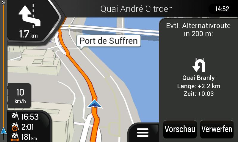 Übernehmen Sie die empfohlene Umfahrung, indem Sie auf tippen. 4.1.7.2 Ausweichrouten in Echtzeit Z-EMAP50 bietet unter Umständen eine Alternativroute auf Landstraßen an, falls es zu einem Stau kommt.