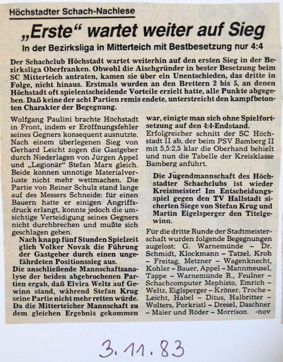1984 landete Höchstadt 1 im Mittelfeld der Bezirksliga.