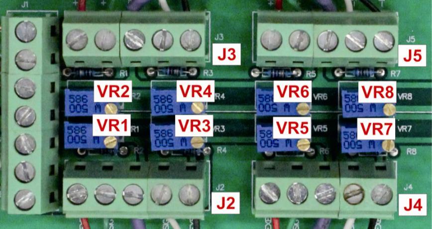 Justierung am Analogprint Die Justierung der Wägezelle J2 erfolgt am Potentiometerpaar VR1 und VR2. Die Justierung der Wägezelle J3 erfolgt am Potentiometerpaar VR3 und VR4.
