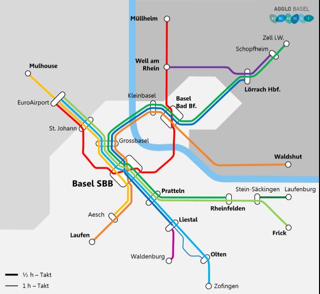 Geplant sind unterirdische, direkte S-Bahnverbindung zwischen dem Bahnhof Basel SBB und dem Badischen Bahnhof bzw. dem Bahnhof St. Johann mit neuen Haltstellen in der Basler Innenstadt.