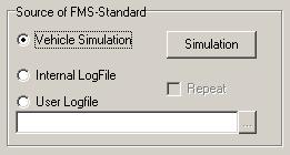 Bei der Vehicle Simulation (Fahrzeugsimulation) werden alle FMS-Standard-Datenpakete gemäß Fahrzeugsimulation aktuell erzeugt, bei dem Internal LogFile (Interne Logdatei) oder User Logfile (Benutzer