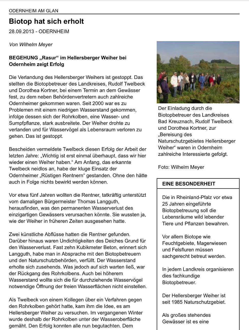 - 8 - NSG-Album Hellersberger Weiher Zeitungsartikel zum Steuerungsgespräch mit der Biotopbetreuung am Hellersberger Weiher im September 2013, 1.