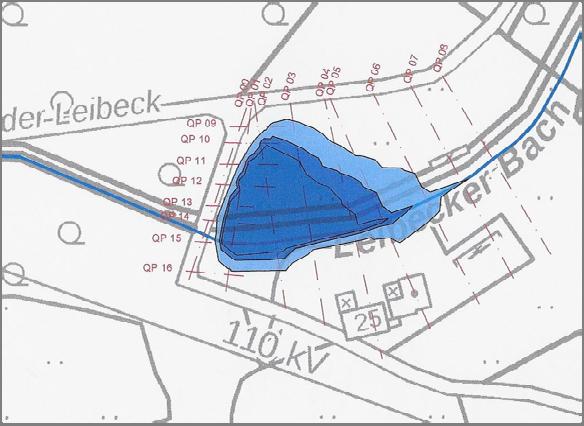 Leibecker Bach Hydraulische Berechnungen Seite: - 26 - In Abb. 26 ist das Überschwemmungsgebiet in Abhängigkeit der Einstauhöhe münn dargestellt. Hellblaue Fläche: Einstauhöhe = Straßenniveau V = 2.