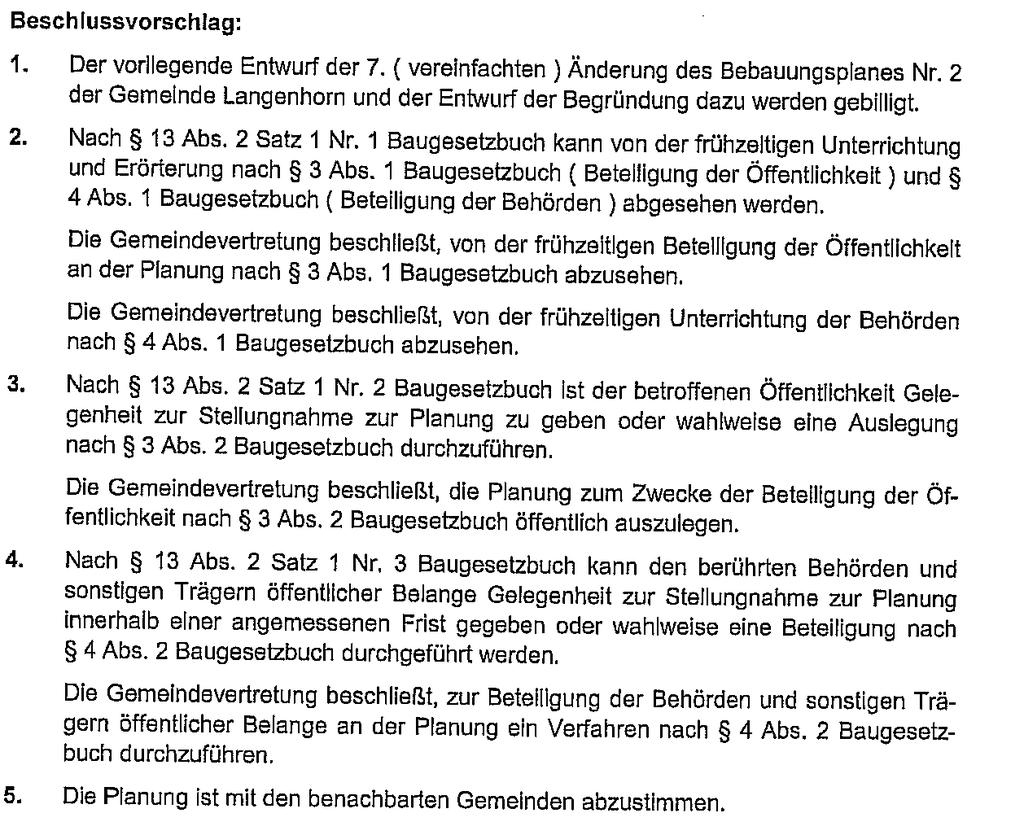 Beglaubigter Auszug Langenhorn aus der Niederschrift über die Sitzung der Gemeindevertetung vom 21.03.2012 Zu Punkt 8 der TO: (Aufstellungsbeschluss zur 7. Änderung des Bebauungsplanes Nr.