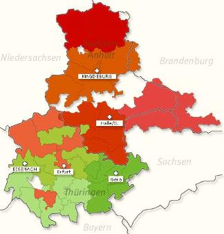 Anteil der Evangelischen an der Bevölkerung Thüringen: 24,0 % Sachsen-Anhalt: 14,5 %