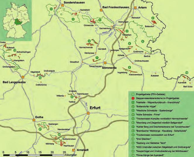 Abb. 1: Lage der 14 Projektgebiete (PG) des LIFE-Projektes Steppenrasen Thüringens im Thüringer Becken und seinen Randplatten.
