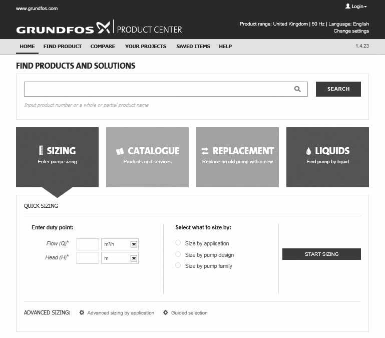 com Grundfos Product Center "AUSLEGUNG": Hier können Sie nach Eingabe Ihrer Anwendungsdaten die passende Pumpe für Ihre Anwendung aus einer Vorschlagsliste auswählen.