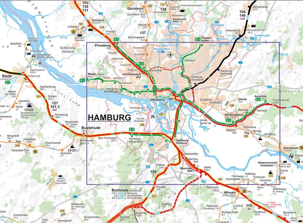 BVWP 2030 Entwurf Schiene Eisenbahnknoten Hamburg Maßnahmen des Seehafenhinterlandprogramm II (gesetzt): 1 Zweites Gleis Umfahrung Maschen (Ost) 2 Zweites Gleis Hohe Schaar nach Norden 5 7 3 2 4 6 1