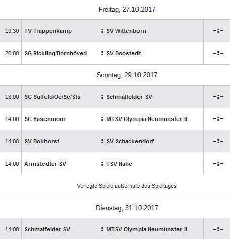 , 12.11.17 11:00 SVS - SV Boostedt -:- 10. SV Wittenborn - SVS -:- 11. So., 04.03.18 11:00 -:- 12. - SPIELFREI - 13. So., 18.03.18 14:00 SC Hasenmoor - SVS -:- 14.