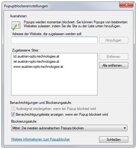 M icrosoft Internet Explorer 0 2 3 Tragen Sie in das Feld 2 Adresse der Website, die zugelassen werden soll www.austrian-optic-technologies.