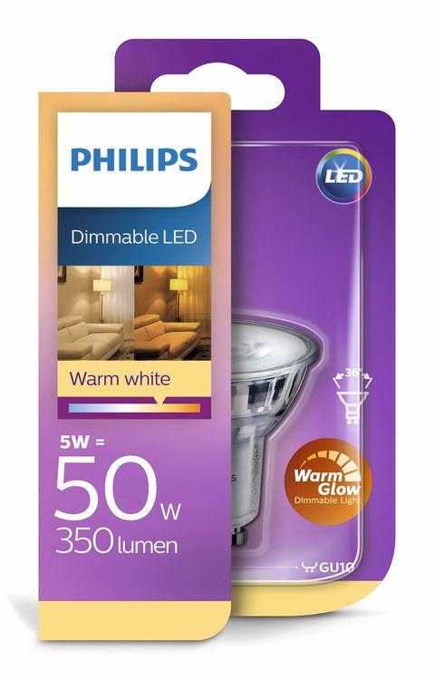 PHILIPS LED Spot (dimmbar) 5 W (50 W) GU10 WarmGlow WarmGlow, dimmbar Das richtige Licht für jeden Moment Philips LED-Spots mit einem warm glühenden Dimmlicht bieten ein