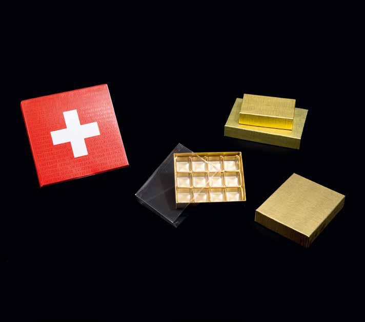 Themenverpackungen emballages avec motifs 69 Klappdeckelschachtel «Schweiz» boîte avec couvercle à charnière «Suisse» Rot / rouge Stulpschachteln für Nama Choco, inkl.