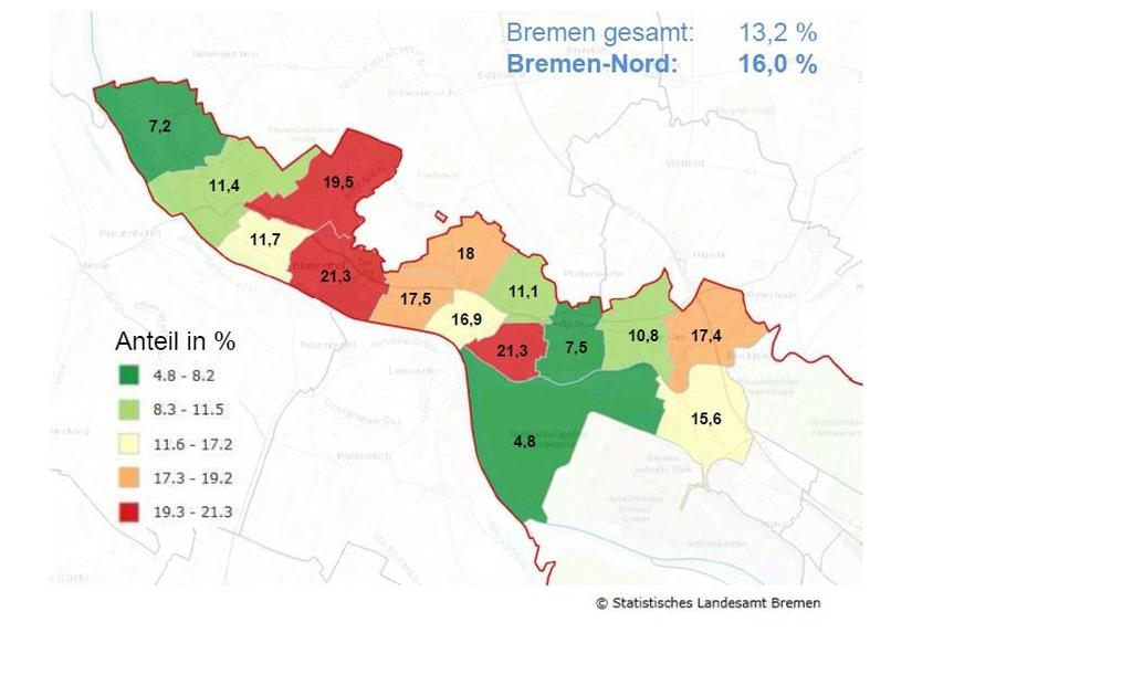 9 Arbeitslosenziffer Bremen-Nord 2015 Anteil der Arbeitslosen an