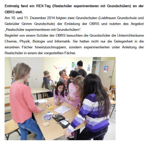 11./12.12. 2014 Erstmalig fand ein REX-Tag (Realschüler experimentieren mit Grundschülern) an der OBRS statt.