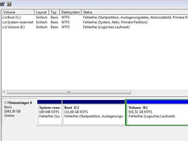 Windows- Datenträgerverwaltung: Nach der Installation des "WD Black² installer" sieht das Betriebssytem zwei Laufwerke. Bei der SSD setzt Western Digital auf 20-Nanometer-Flashspeicher von Micron.