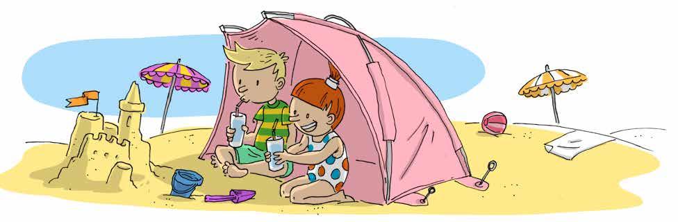 Viel trinken ist wichtig Während Papa in der Sonne liest und Mama unter dem Sonnenschirm ein Kreuzworträtsel löst, bauen Lilo und Fred im Schatten ihrer Strandmuschel eine wunderschöne Sandburg.