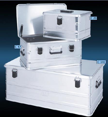 C-Boxen Extra stabile Aluboxen-Serie aus 1 mm starkem Aluminiumblech für den Transportschutz empfindlicher oder schwerer Produkte wie Handwerkermaschinen, Werkzeug oder Fotogerät.