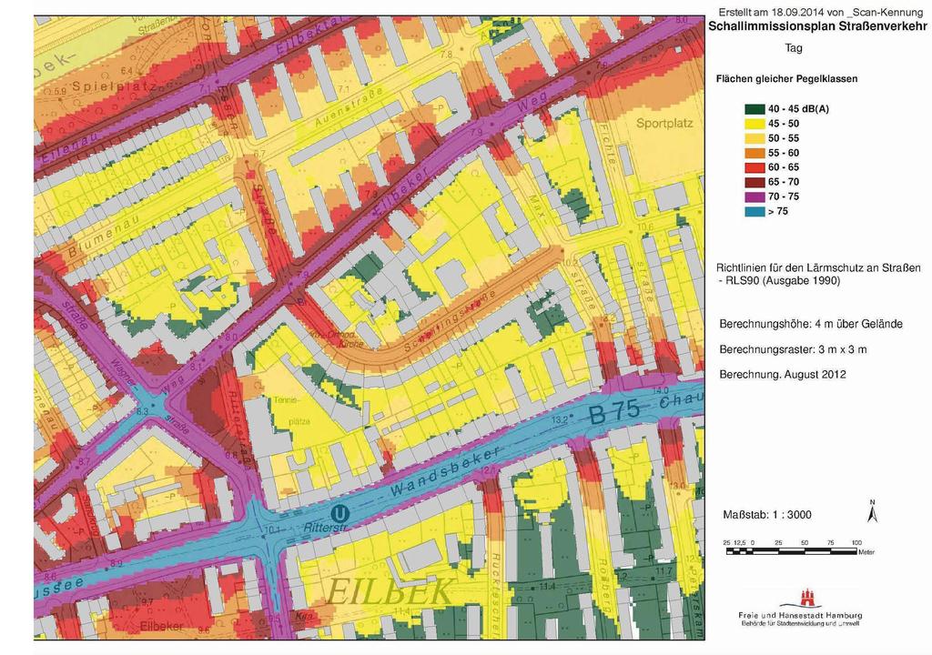 Erstellt am 18.09.2014 von _Scan-Kennung Schallimmissionsplan Straßenverkehr Tag Flächen gleicher Pegelklassen Sportplatz - 40 45 db(a) 45. 50 50.