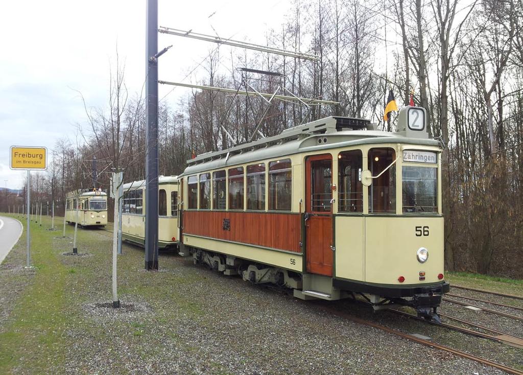 01.03.2014 : TW 56 (Bj.1927) mit BW 142 (Bj.1953) u. GT4 100 (Bj.1959) a.d. Stadtbahn Zähringen D.