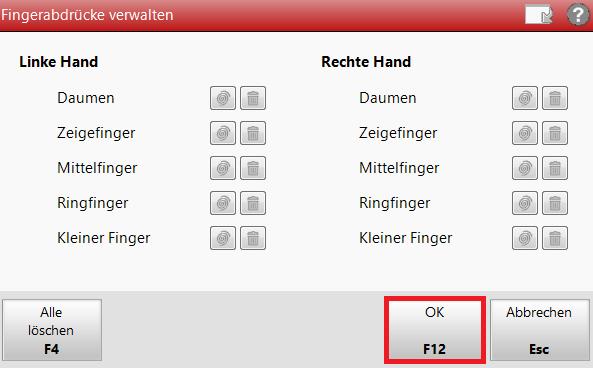 Erfassen Sie auf diese Weise jeden gewünschten Finger (jeweils 5 Mal) und bestätigen Sie dann die hinterlegten Abdrücke mit OK F12.