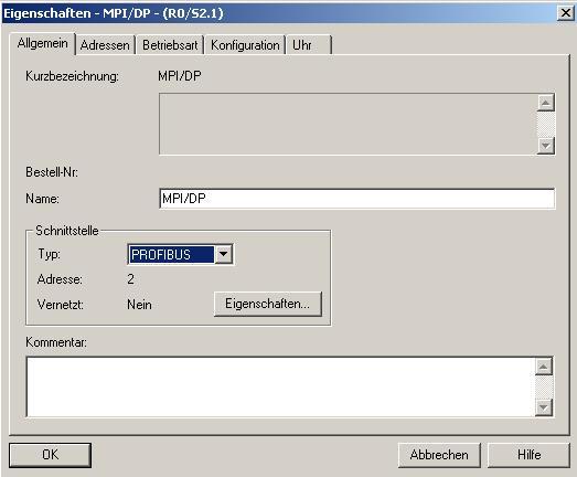 9. Nun muss zuerst die MPI/DP - Schnittstelle auf PROFIBUS DP umgestellt werden. Führen Sie bitte dazu einen Doppelklick auf die Zeile MPI/DP in der Hardwarekonfiguration aus. ( MPI/DP) 10.