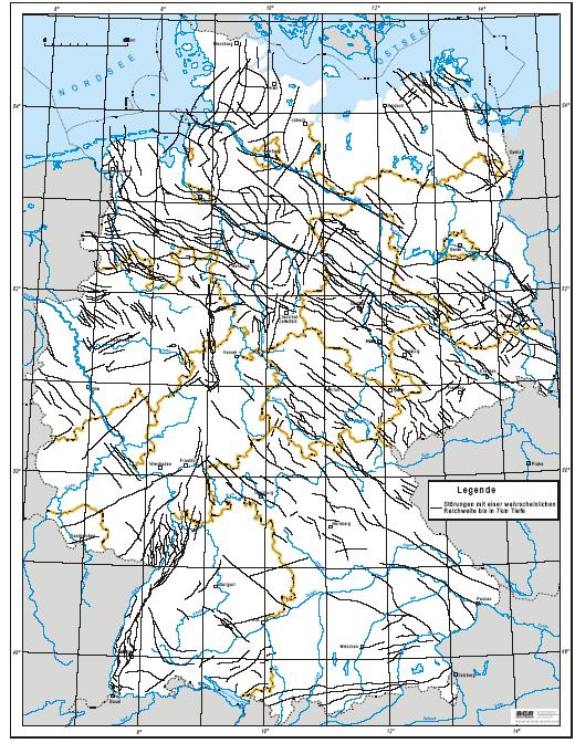 Geothermische Energie Karte der Tiefenstörungen in Deutschland Störungslinien, die sich näher als 5 km nebeneinander befinden, wurden