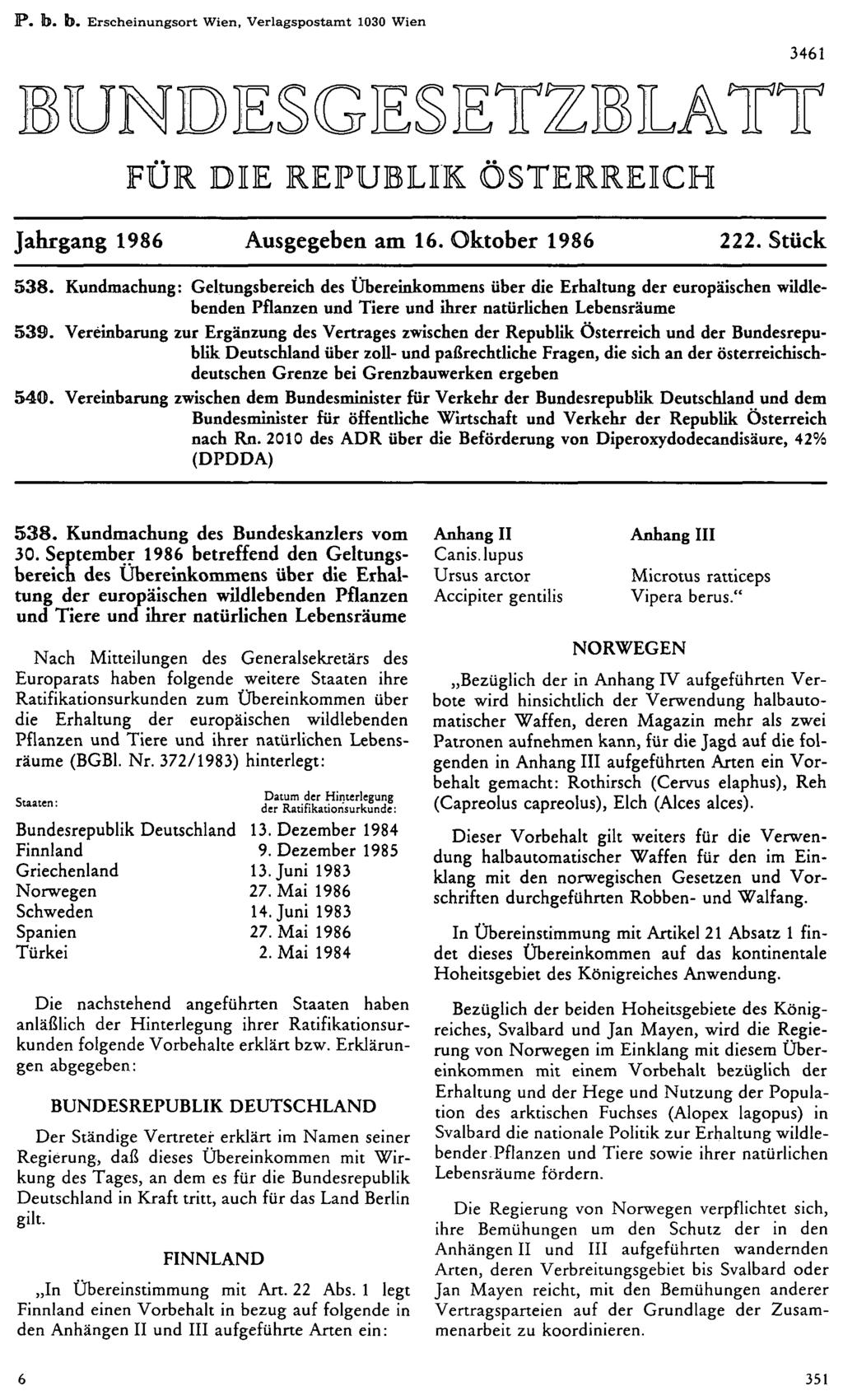P. b. b. Erscheinungsort Wien, Verlagspostamt 1030 Wien 3461 Jahrgang 1986 Ausgegeben am 16. Oktober 1986 222. Stück 538.