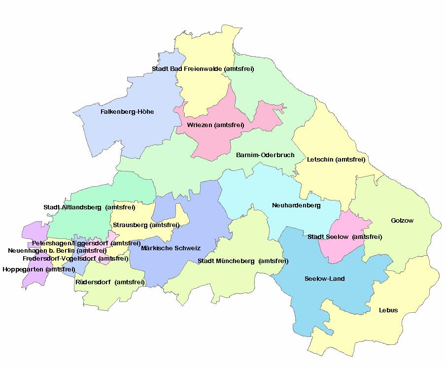 Basisdaten: Bundesland - Brandenburg (Stand 30.09.2007) Verwaltungssitz - Kreisstadt Seelow Fläche - 2.128,10 km² Einwohner - 191.