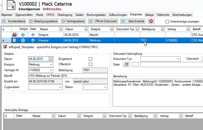 Meldewesen - BZSt-Modul - Ereignis in xpectopro Abgabe in aifexpert Ereignis in xpectopro Vertragsereignis