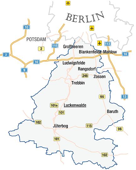 Fünf Bundesstraßen (B 96, B 101, B 102, B 115, B 246) durchziehen Teltow-Fläming in Nord-Süd- und Ost-West-Richtung.