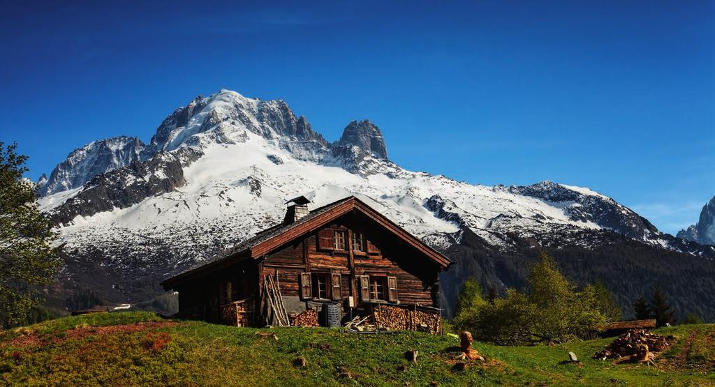 Almhütte in Tre le Champ, Blick auf Aiguille Verte, Chamonix-Mont-Blanc, Frankreich Foto Interfoto / Hagenmuller 8 31 32 33 34 35