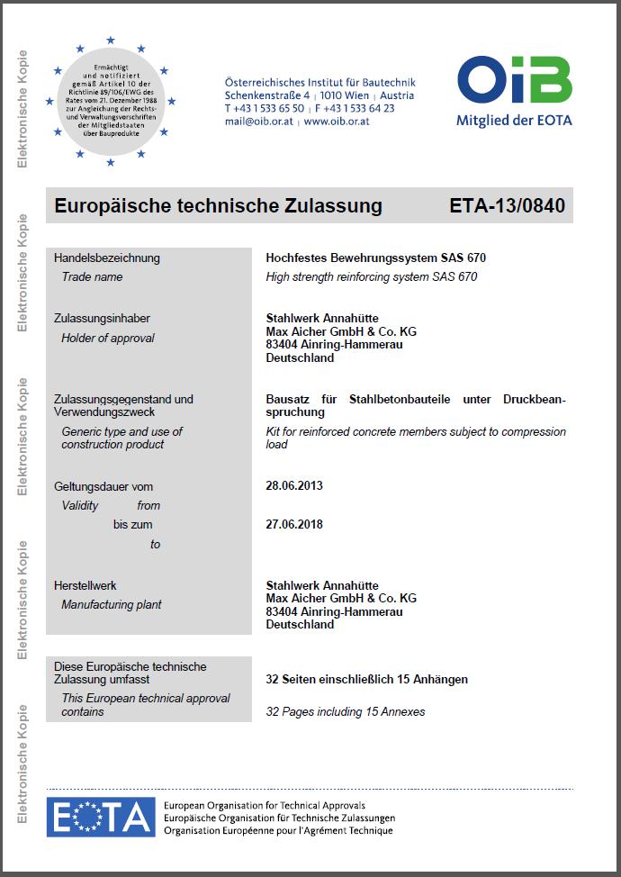 Zulassungen SAS 670 ETA-13/0840 DIBt Z-1.5-268 DIBt Z-1.