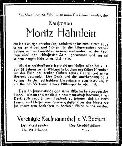 Der Vater Moritz Hähnlein - Auf seine Anregung wurde der gewerbliche Ausschuss gebildet der anschließend in die Vereinigte Kaufmannschaft umbenannt wurde.