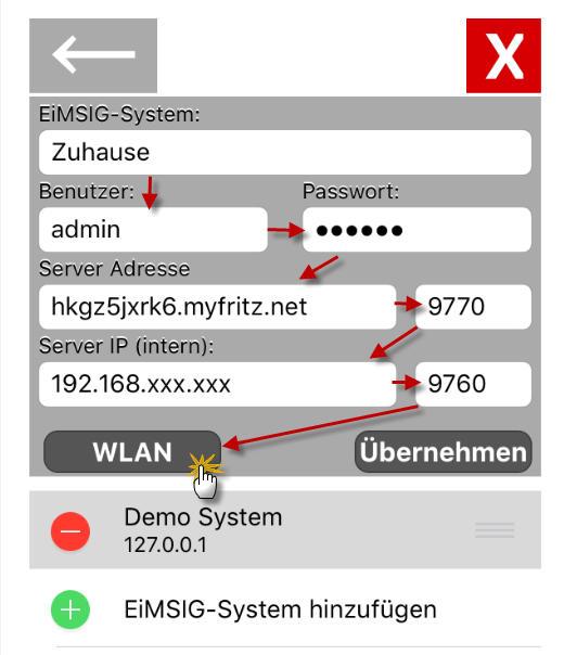 EiMSIG-System: Hier tragen Sie einen beliebigen Namen ein. Benutzer und Passwort: Diese Daten finden Sie in der EiMISG smarthome unter Menü > Einstellungen > WLAN bei den Punkten.