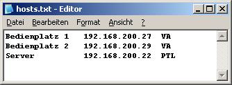 4 Netzwerkeinstellungen Die Datei hosts.txt (Host-Tabelle, siehe Abbildung 4.1) enthält Daten, die für den Verbindungsaufbau zwischen dem Rundgang-Modul und den Video-Arbeitsplätzen benötigt werden.