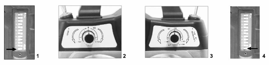 4.2 Einstellen der Kreisel Empfindlichkeit und der Heckrotorbeimischung Stellen sie den DIP Schalter (Nr.12 ) auf (on) Drehen sie die Regler (V1 ) und (V2 ) auf (0 ).