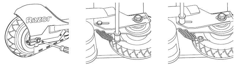 V-Belt and Rear Wheel: Release the screw and remove the cover of the v-belt. Loosen the brake line and remove it. Unfasten the brake housing of the rear wheel. Unscrew the adjusters of the rear axle.