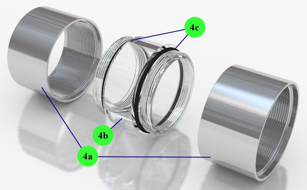 (4) Verdampfer-Tank Der Verdampfer-Tank (4) besteht aus folgenden Teilen: 4a Metallringe 4b Polycarbonat (Makrolon) Ring (transparent) 4c O-Ringe zur Gewährleistung der Dichtheit zwischen (4a) und