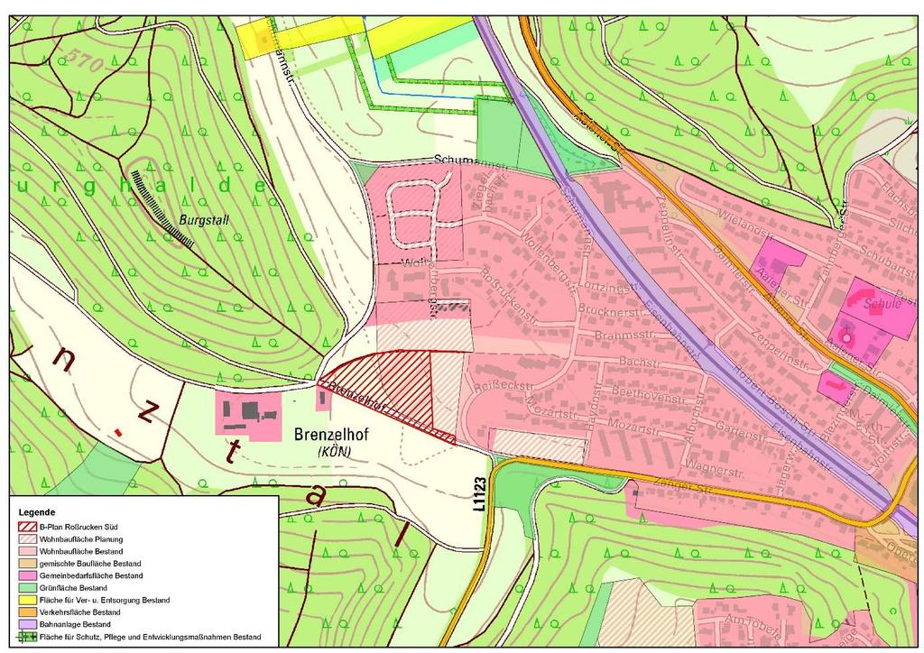 Abb. 1: Darstellung der geplanten Wohnbaufläche im Flächennutzungsplan. (Daten und Kartengrundlage: LGL 2016: DTK10; Geoportal Raumordnung BW 2017: AROK).