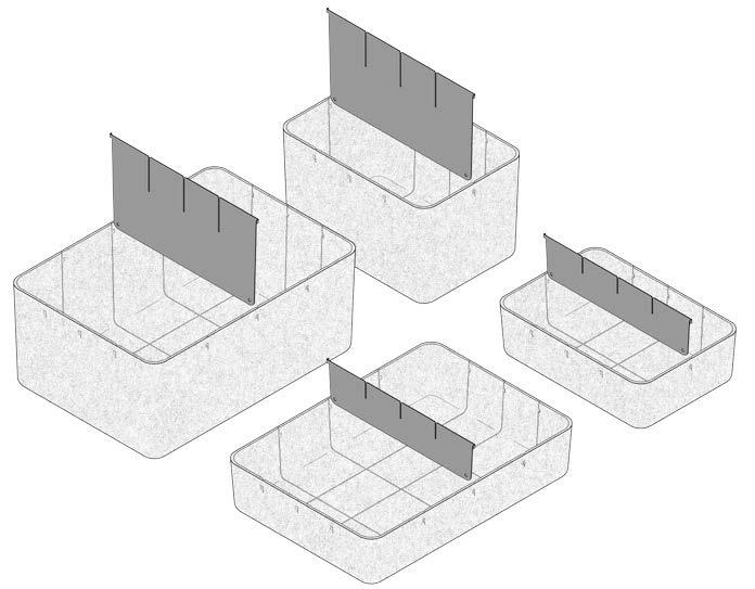6 Montagehinweise 6.1 Verbindungen der Teile Verbindung der Unterteilungen zu den Boxen Als erster Schritt werden die Unterteilungen hoch/tief 350 nach unten eingesetzt.