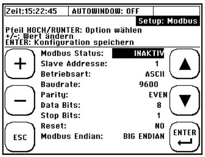 Im folgenden Modbus Setup Fenster können Sie sämtliche Einstellungen der Modbus Funktionalität durchführen: Slave Adress 0 247